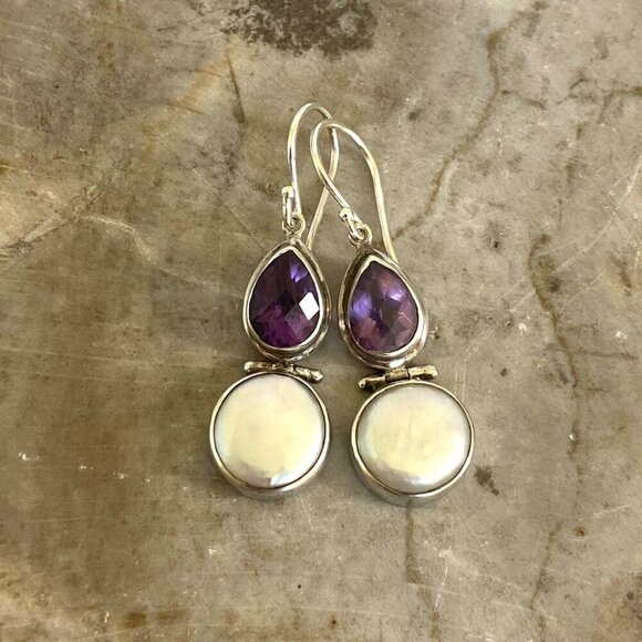 Sterling Silver 925 Pear Shaped Amethyst Hinged White Coin Pearl Dangle Earrings - Picture 3 of 16